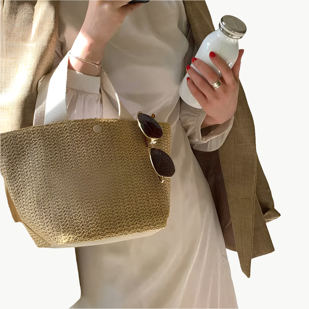 Woven Grass Straw Tote Bag - Beach Bucket Style