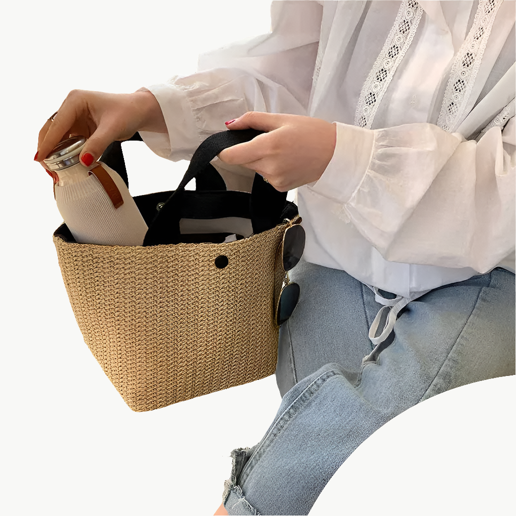 Woven Grass Straw Tote Bag - Beach Bucket Style