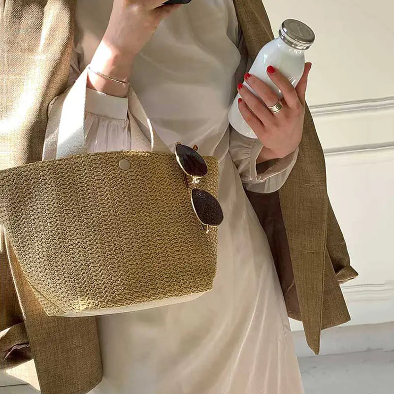 Woven Grass Straw Tote Bag - Beach Bucket Style
